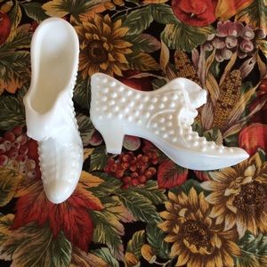 Fenton white milk glass decorative shoes.